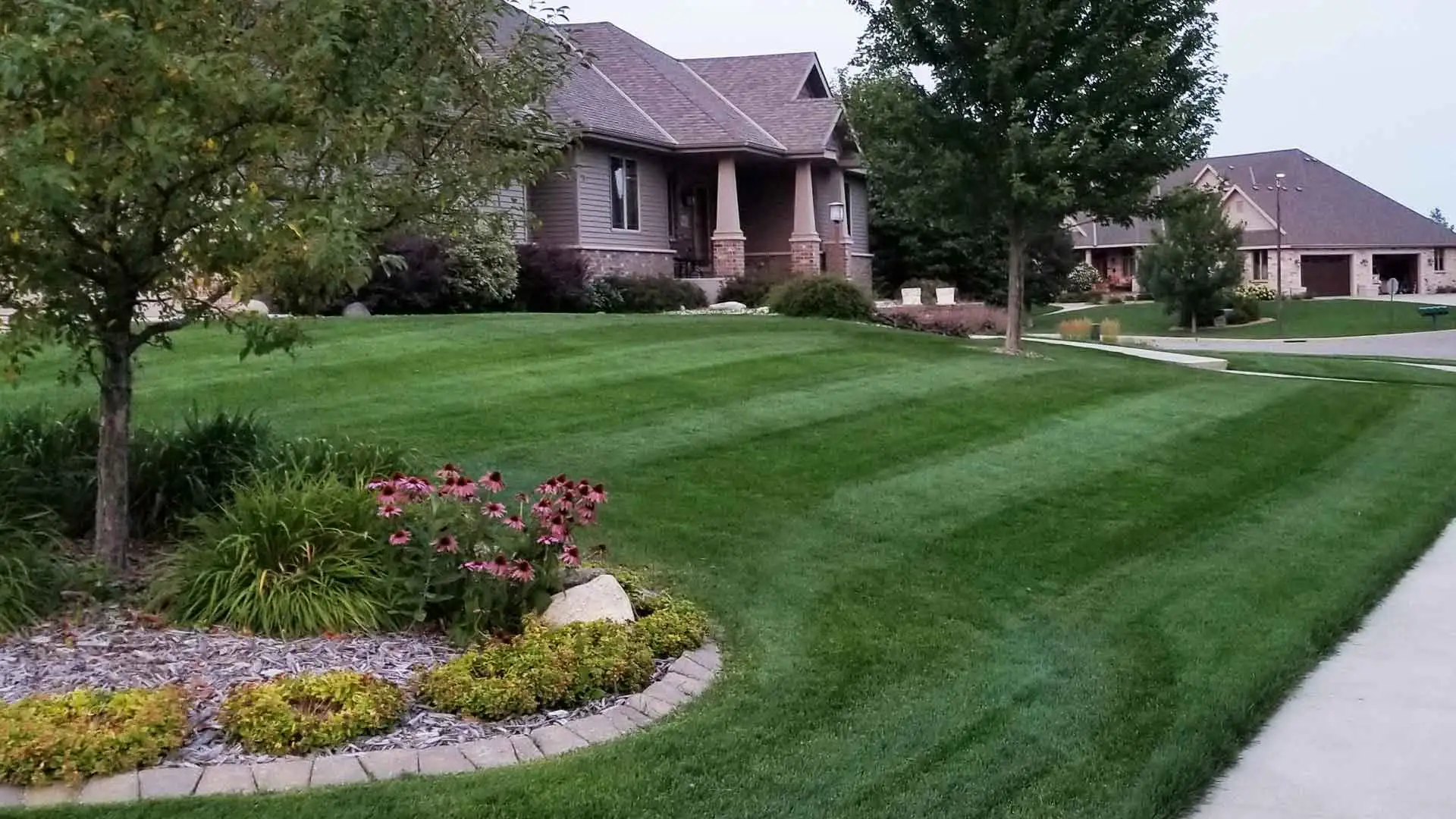 A beautiful, thick, green lawn in St. Cloud that receives on-going lawn fertilization treatments.