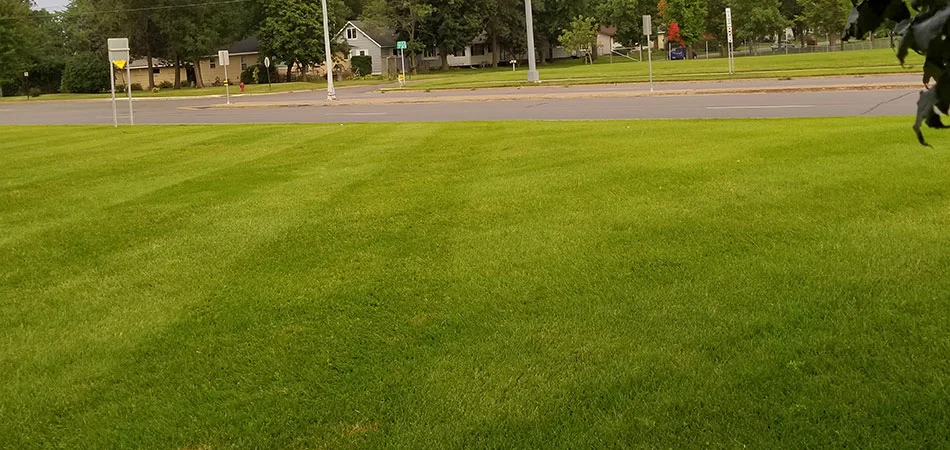 Mowing a commercial property next to a busy road in St. Cloud.