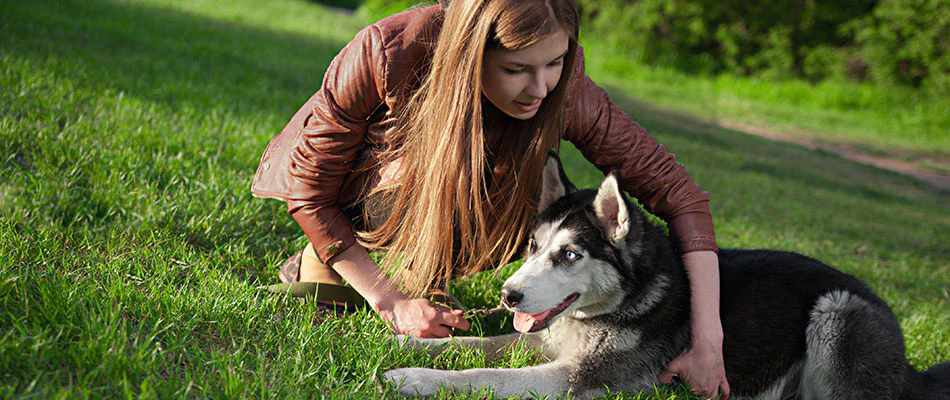 Girl on lawn with her dog.